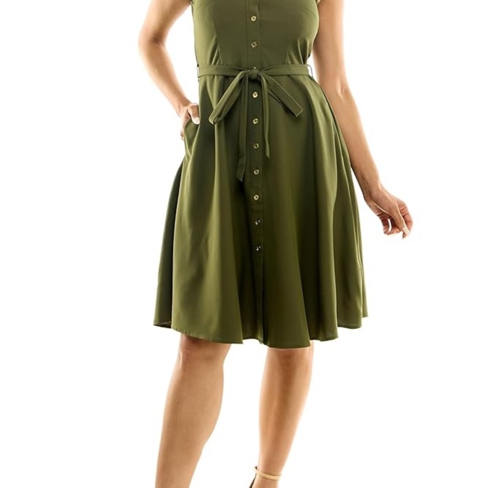 Sharagano Olive Green Shirt Dress with POCKETS and Tie Waist Size 12